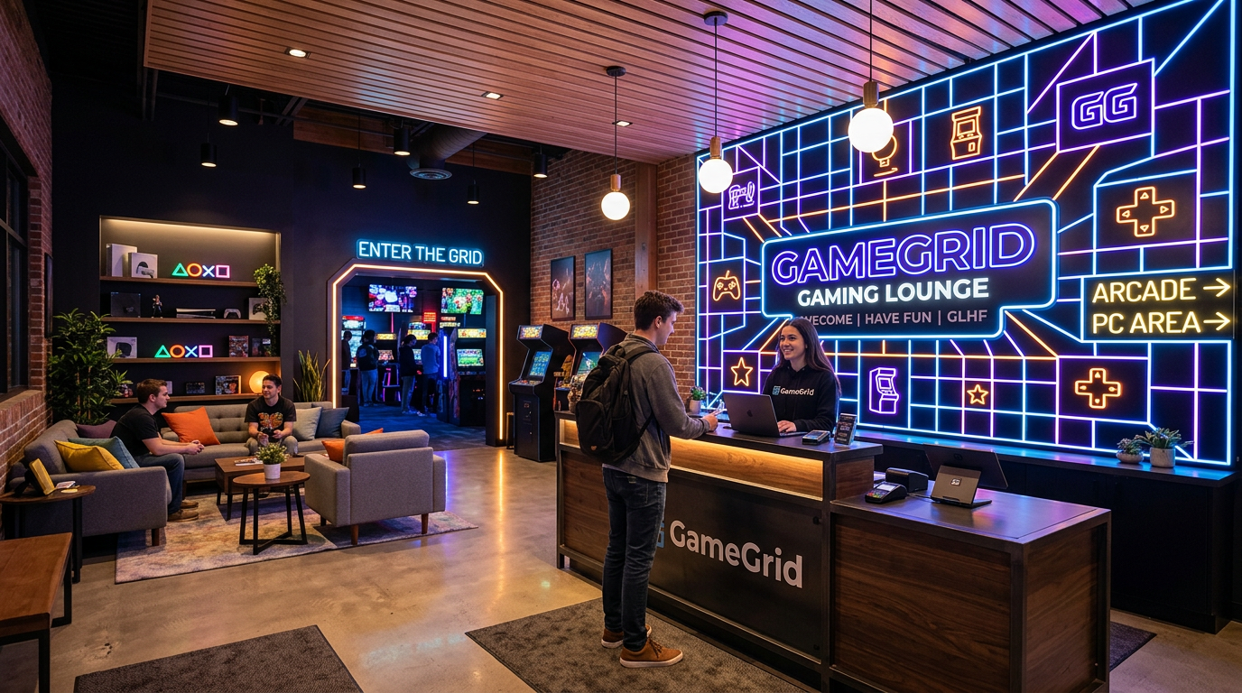 GameGrid lounge reception and welcome counter