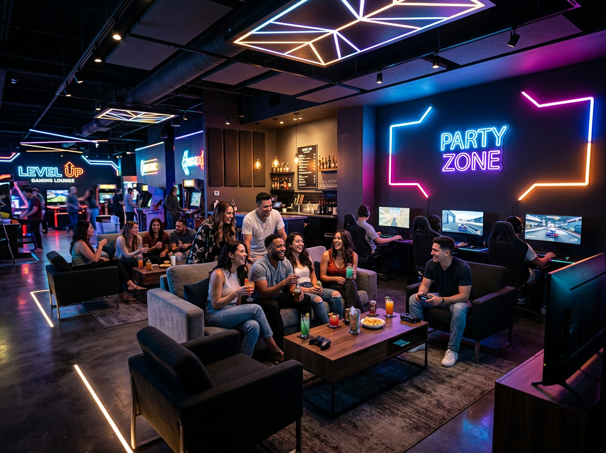 GameGrid's stylish event lounge space with glowing modern interior