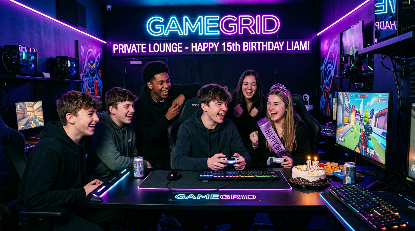 Teenagers celebrating a birthday party with video games at GameGrid